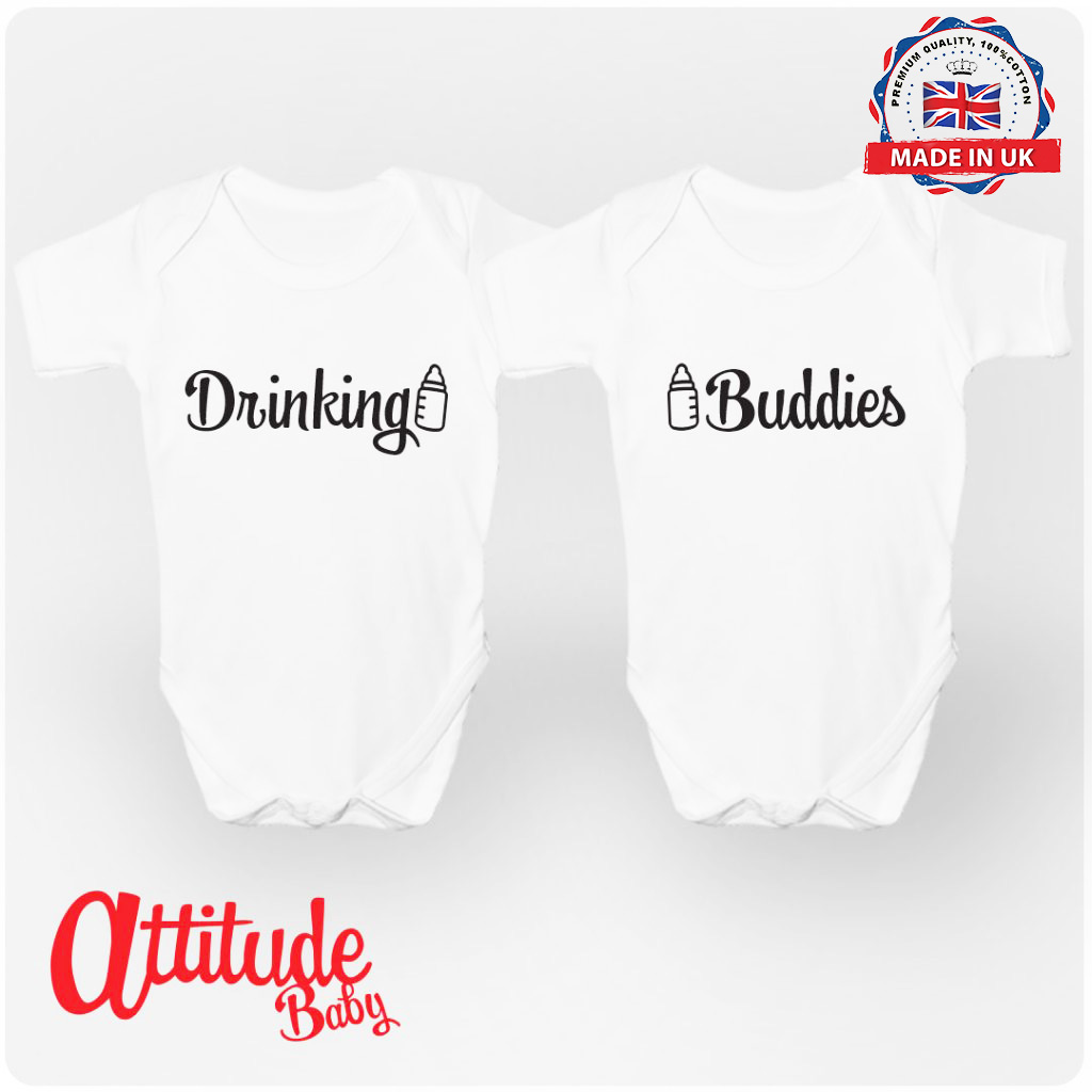 Twins Baby Grows Printed Drinking Buddies Twins Baby Clothes 100